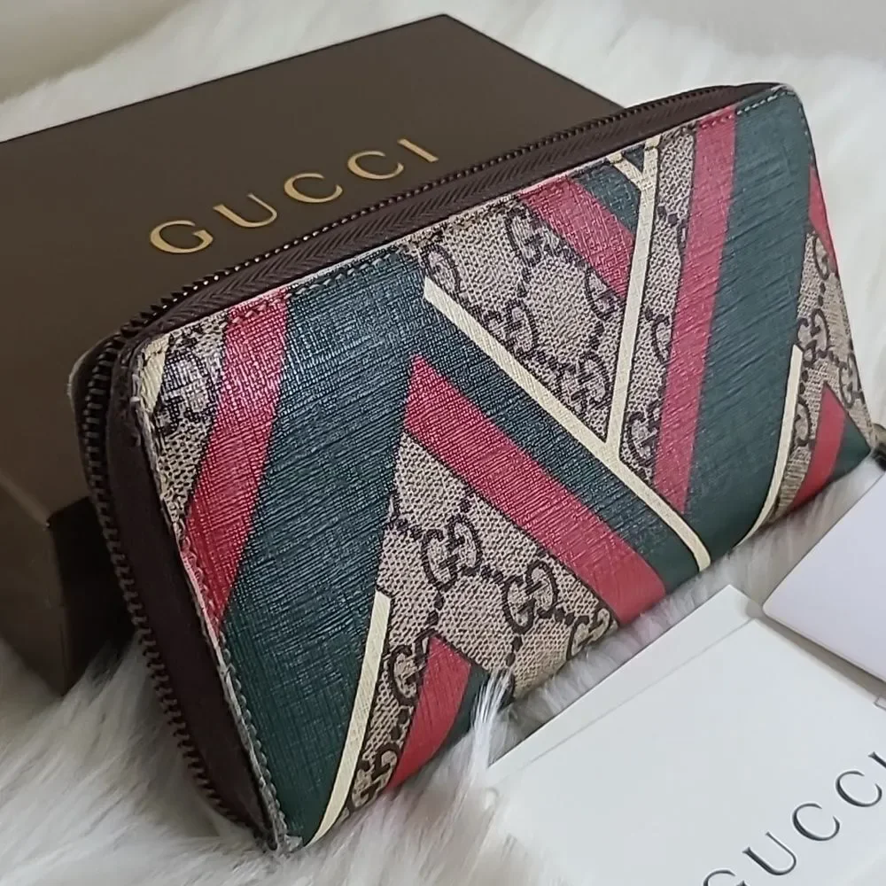 💯Authentic Gucci Round Zip Long Wallet GG Chevron Beige Green Red🍀 - Picture 12 of 16